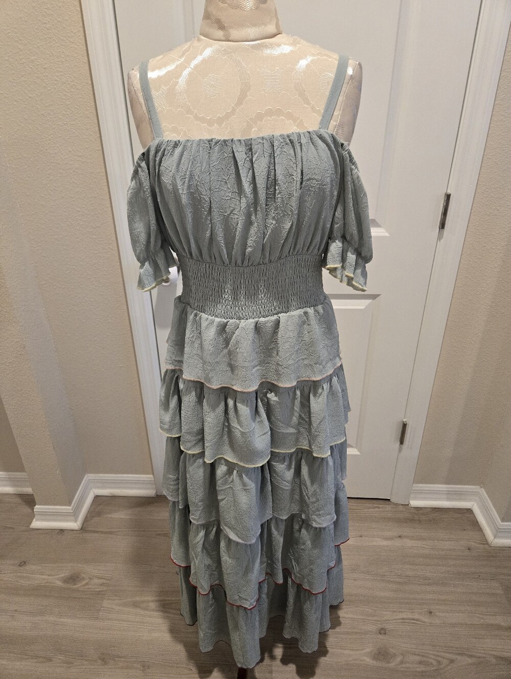 Aqua Tiered Off-Shoulder Maxi Dress, Sage With Multi Color Hem Thread, Size Med - Picture 2 of 10